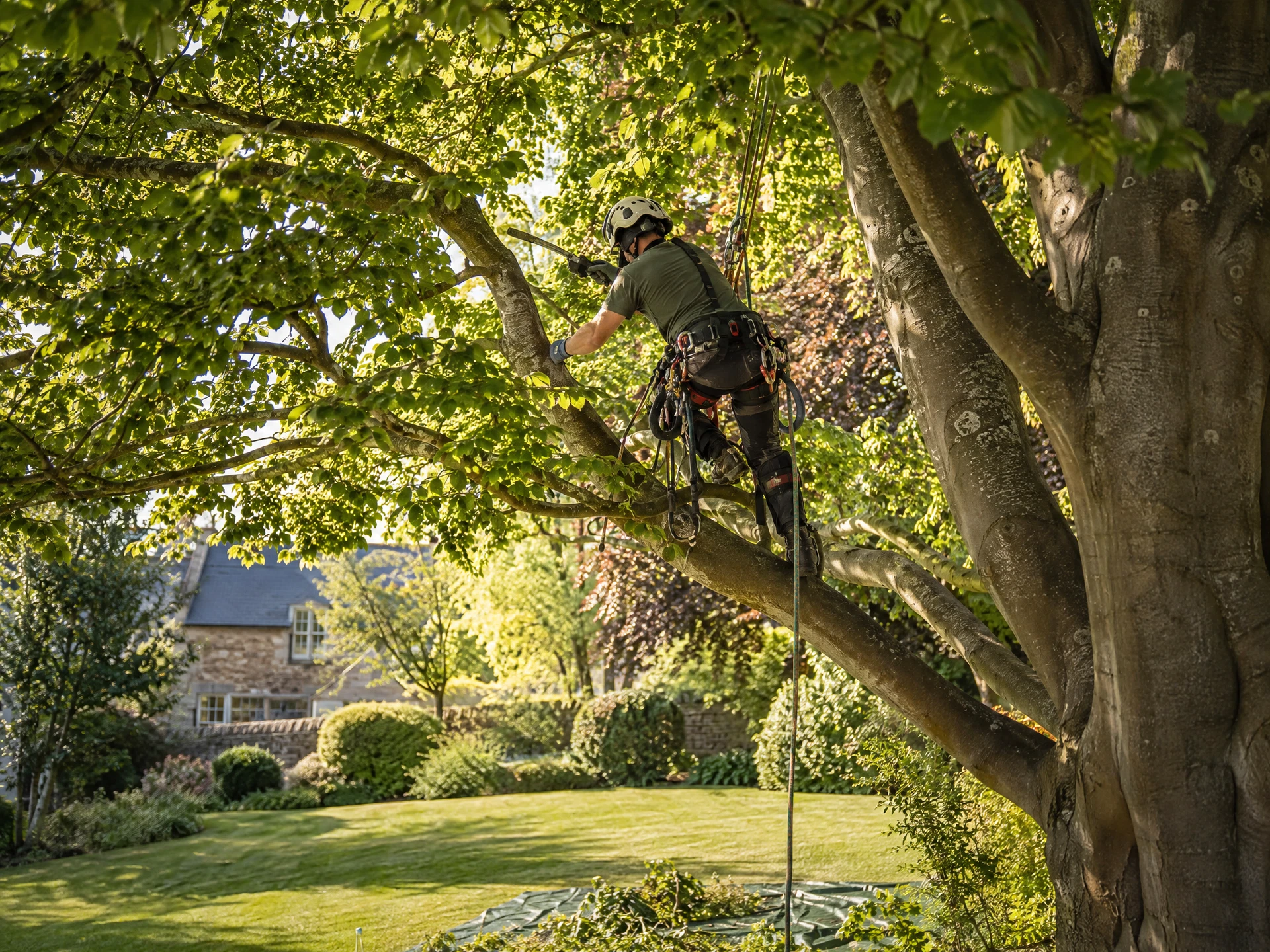 Arborist carefully pruning a mature beech tree