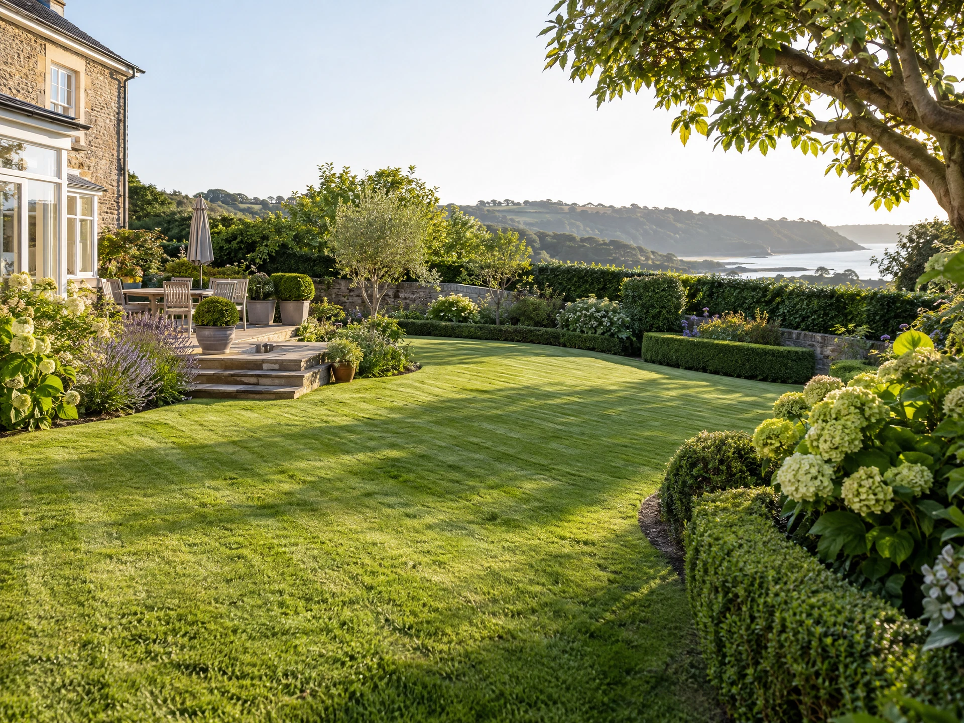 Immaculate lawn, clipped borders and shaped garden shrubs