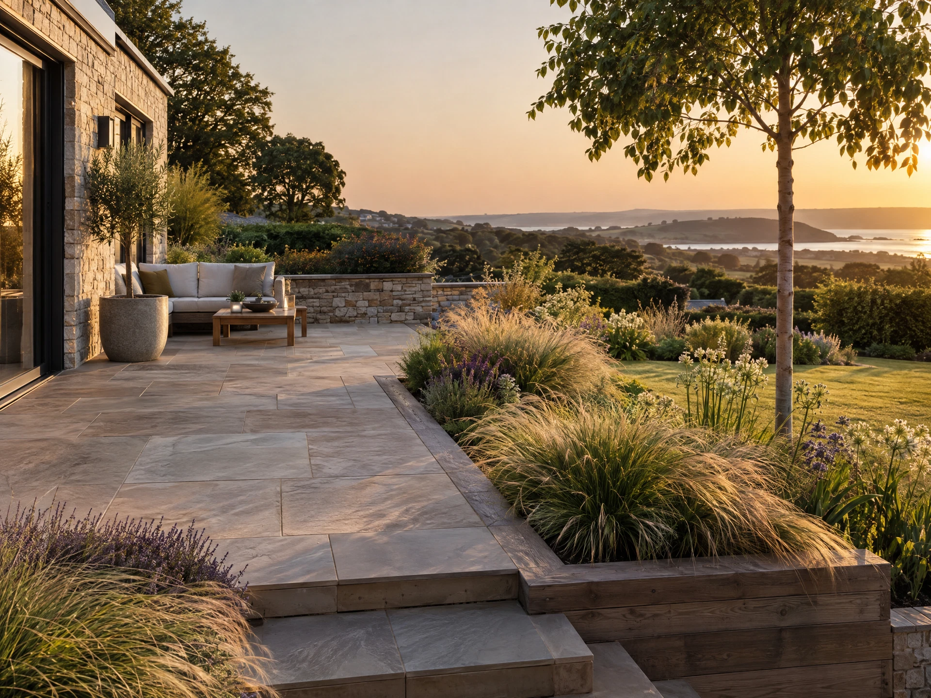 Natural stone terrace with ornamental planting and a young tree