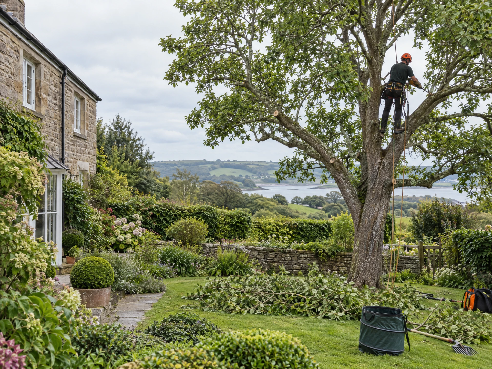 Tree surgery and careful pruning beside a country garden