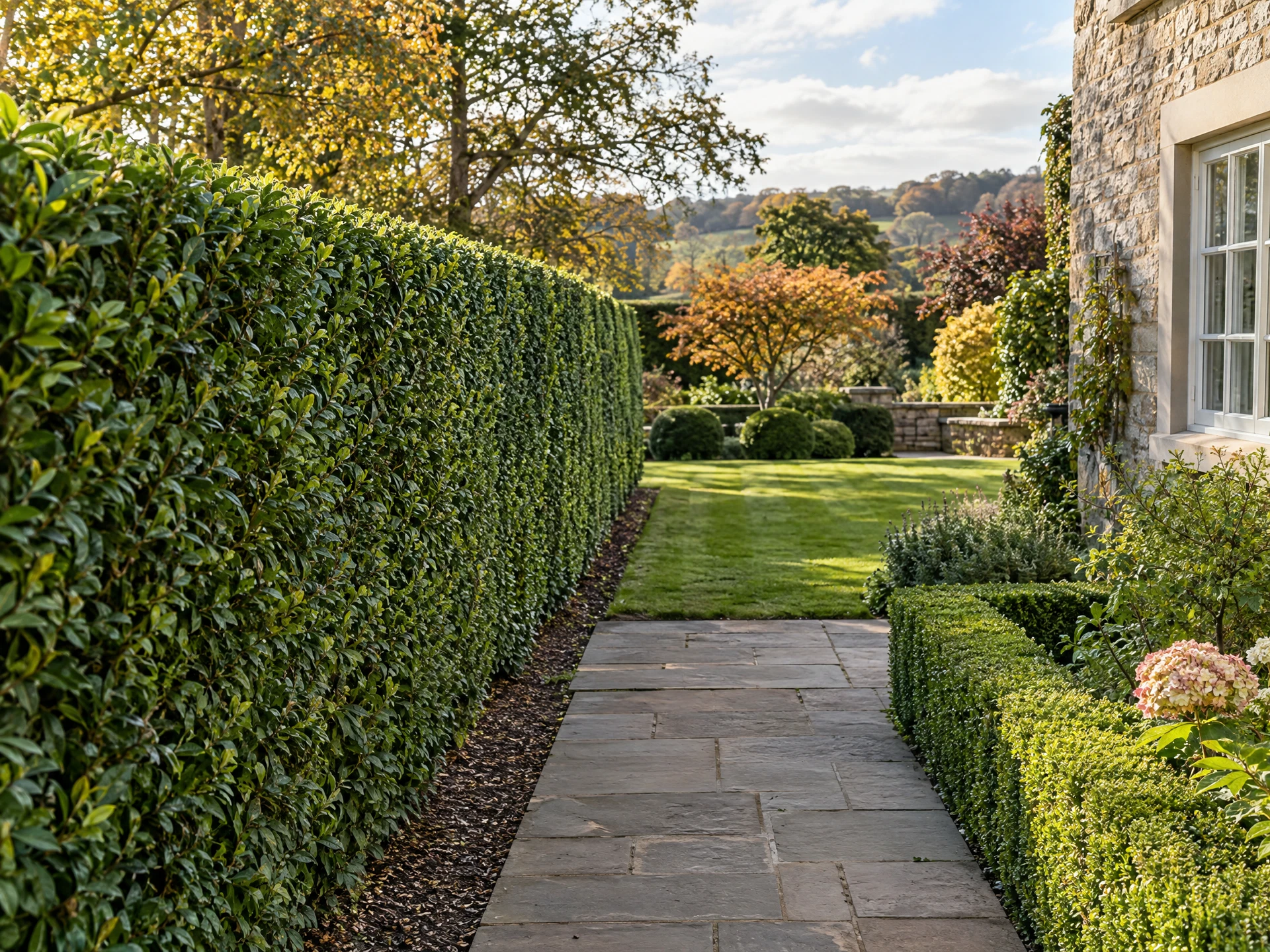 Freshly shaped hedge framing a neat country garden
